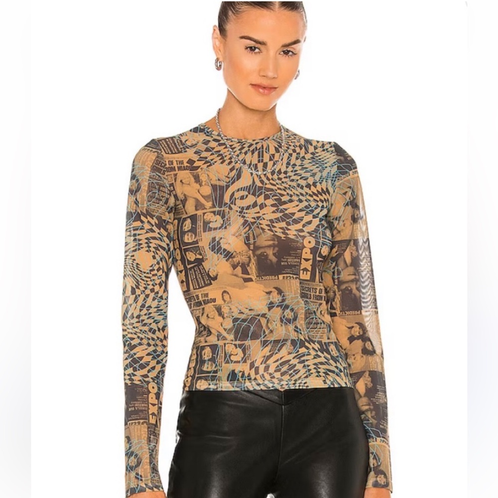 Miaou Graphic Long Sleeve Top - Tan and Black